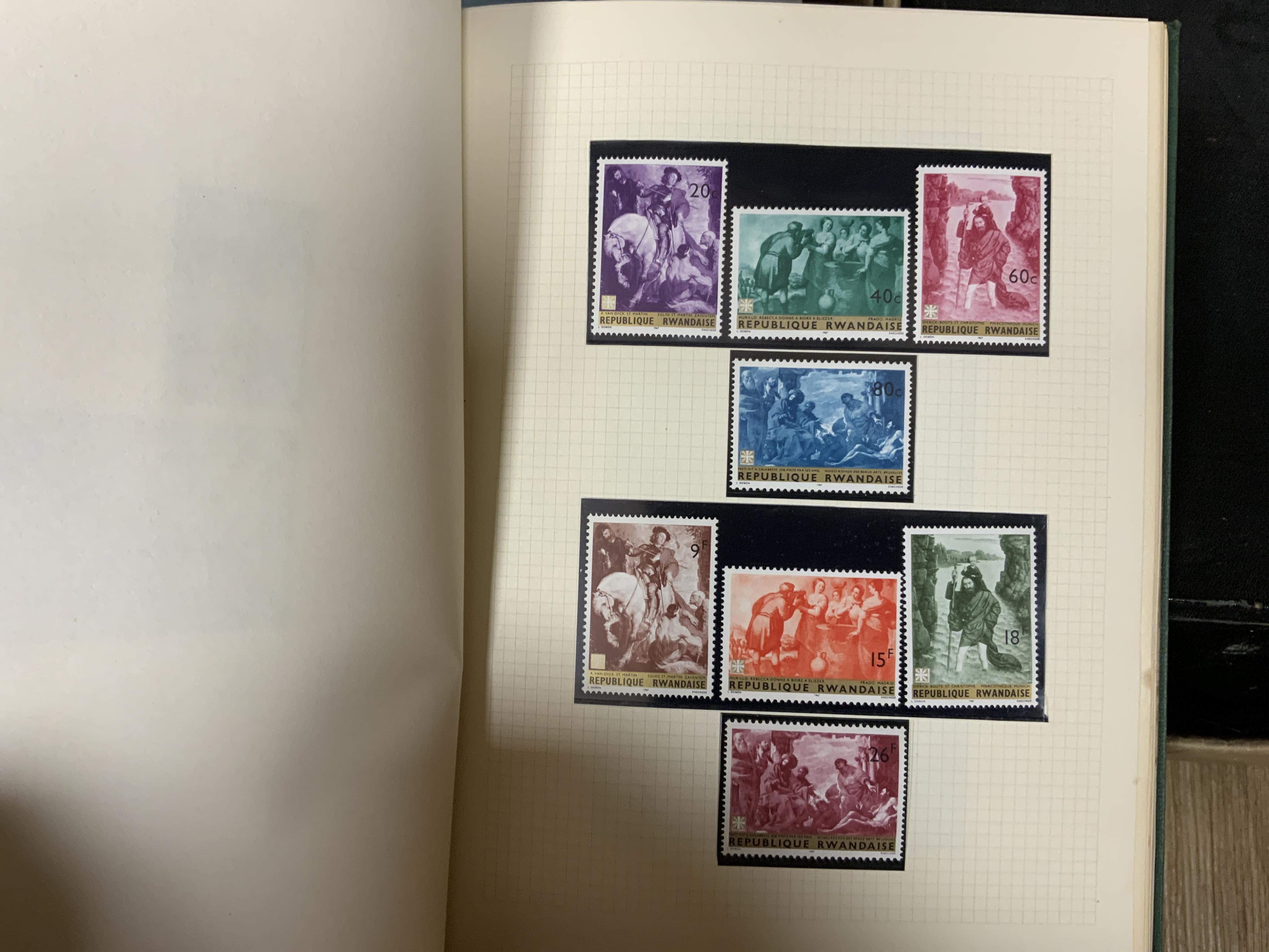 Five stamp albums, together with a quantity of loose leaves contained within a plastic box file, world stamps including; unused Belgium and German stamps with the theme of European Art, etc. unused part sheets of French